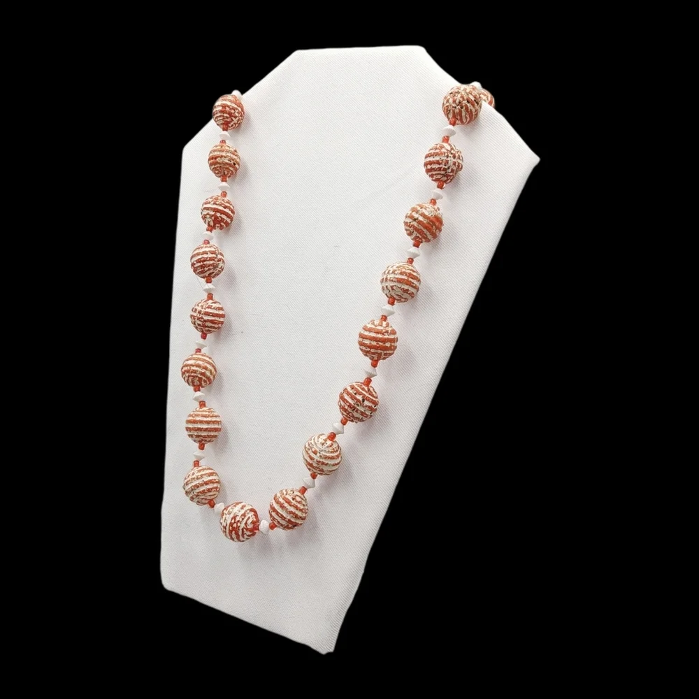 Elegant Striped Bead Necklace - Orange and White